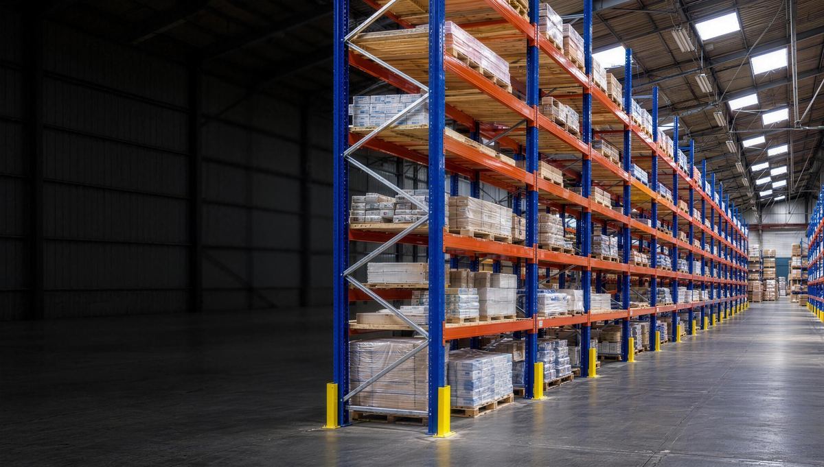 Allée de racks à palettes bleus et orange chargés de matériaux, dans un entrepôt